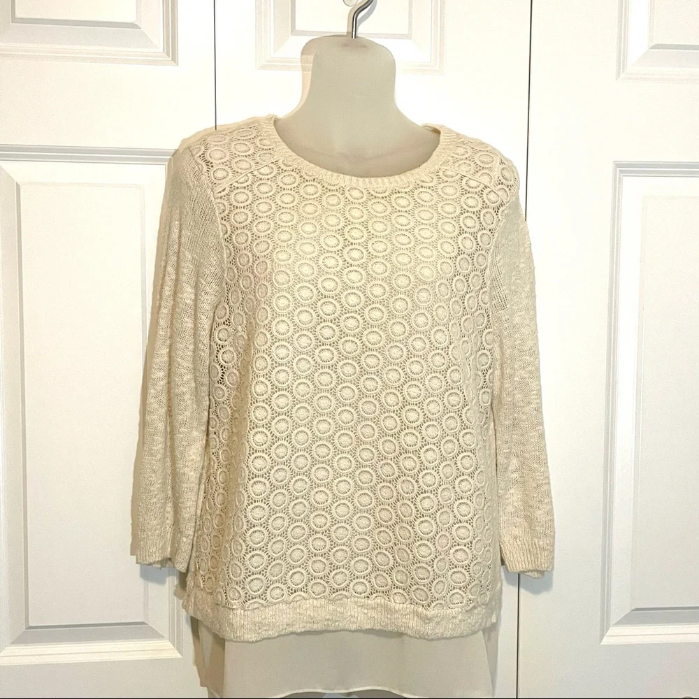 Lucky Brand Ivory Lace Chiffon Split Back Sweater Eyelet Medium - Picture 2 of 8